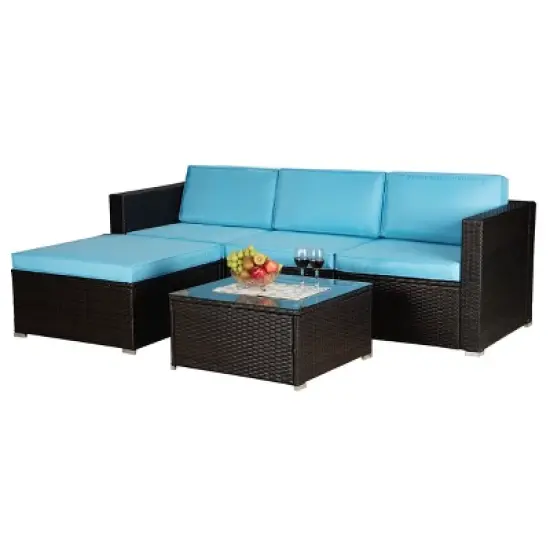 5pc Outdoor Rattan Wicker Conversation Set with Sofas, Chair, Coffee Table & Ottoman - Brown/Blue - GODEER image {2}