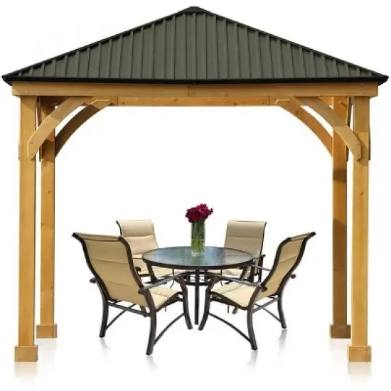 Aoodor Patio Solid Wooden Gazebo 10 x 10 ft. Hardtop Roof for Garden image {6}