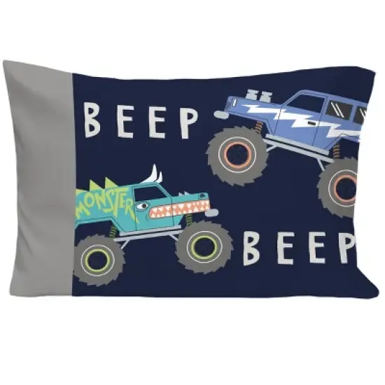 Carter's Monster Truck 4 Piece Toddler Bed Set - Comforter, Fitted Bottom Sheet, Flat Top Sheet, Standard Pillowcase, Navy and Grey image {4}