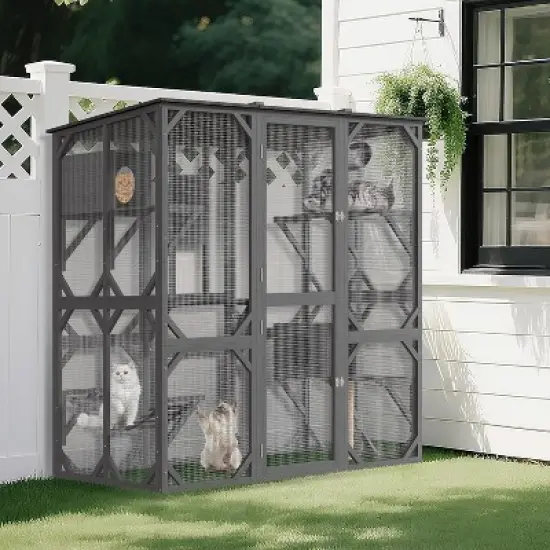 68'' Wooden Catio - 4-Tier Outdoor Cat Enclosure w/ 2 Doors, Scratching Post & UV Protection for Multiple Cats image {6}