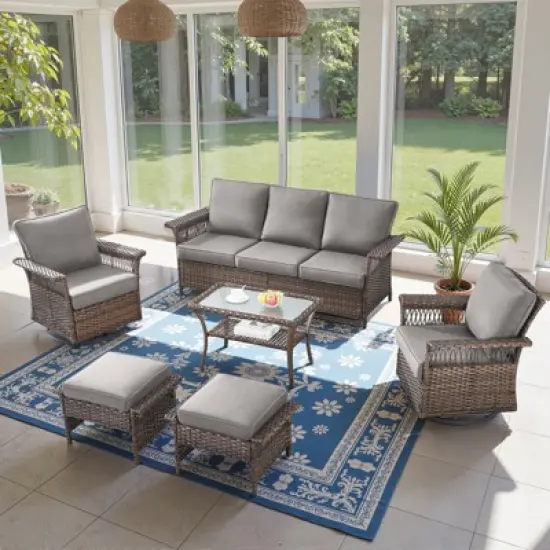 Belord 6 Piece All Weather Wicker Patio Furniture Set, Outdoor Conversation Set with Patio Sofa Couch Swivel Patio Chairs Coffee Table and Ottomans image {18}