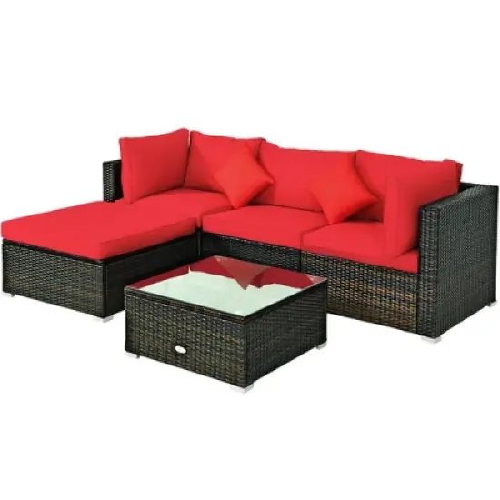 Tangkula 5PCS Rattan Sectional Sofa Set Patio Furniture Set w/ Red Cushion Pillow image {9}