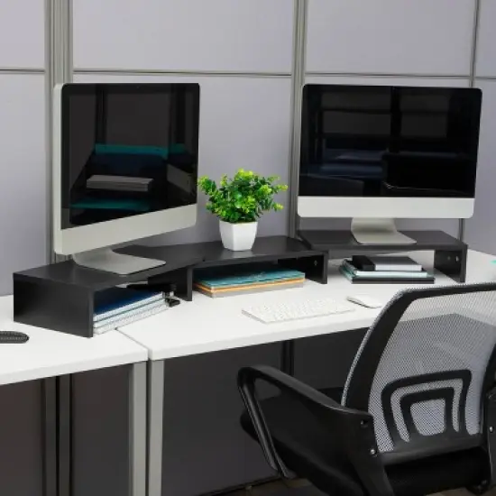 Mind Reader Dual Monitor Stand, Height Adjustable, Desktop Organizer, Laptop Riser, Office, 51.25"L x 9.25"W x 4.75"H, Black image {1}