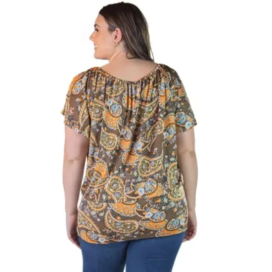 Women's Plus Size Brown Paisley Top with Short Sleeves and Slit Shoulders image {2}