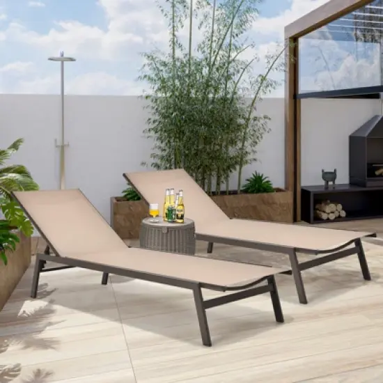 Tangkula 2PC Patio Chaise Lounger with 6-Postion Adjustable Backrest and Breathable Fabric Brown image {1}