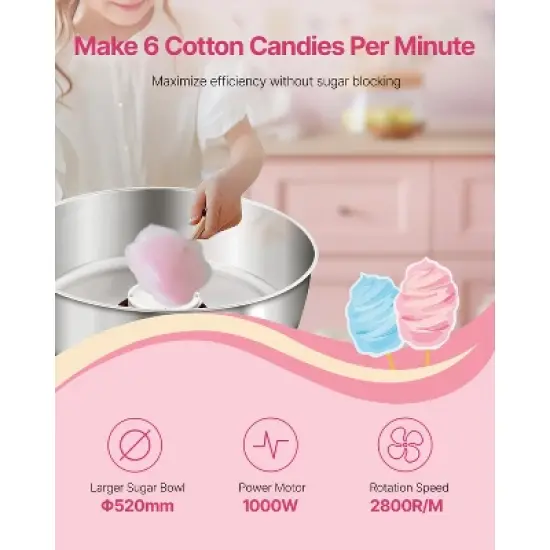 VEVOR Electric Cotton Candy Machine, 1000W Commercial Candy Floss Maker with 20.5 in Stainless Steel Bowl, Sugar Scoop, and Drawer, Red image {2}