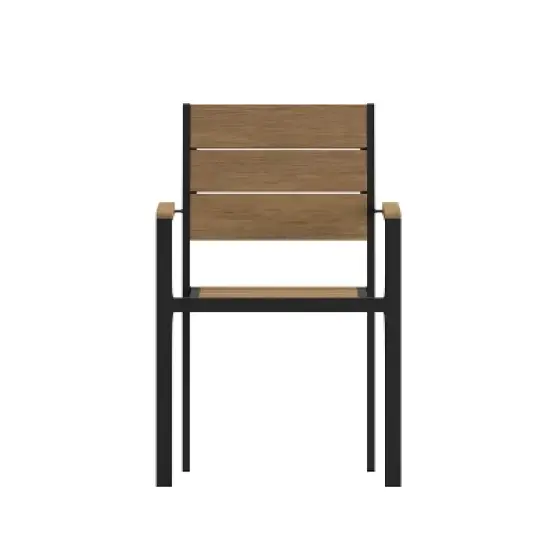 Emma and Oliver Outdoor Stacking Side Chair with Faux Teak Poly Slat Seat, Back and Arms and Metal Frame image {10}