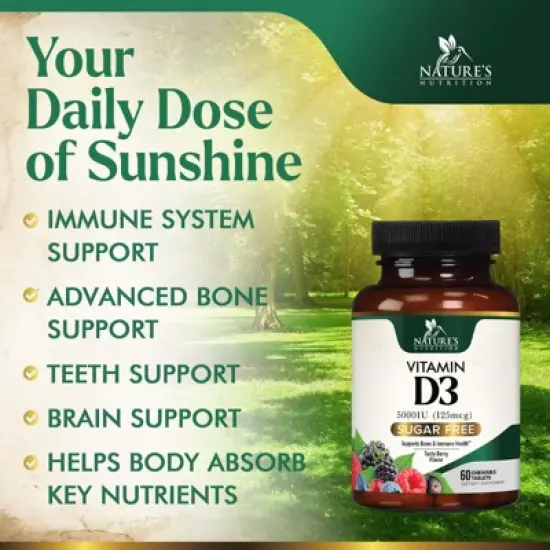 Vitamin D3 5000 IU (125 mcg) - Chewable Vitamin D Supplements for Bone, Teeth, Muscle & Immune Support, Sugar Free, Non-GMO - 60 Tablets image {7}