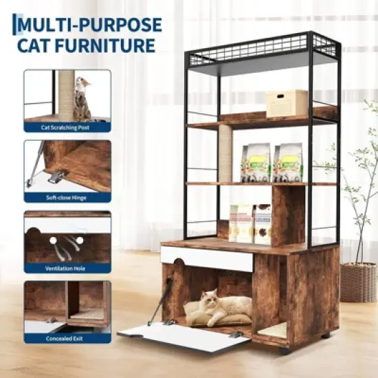Hidden Cat Litter Box Furniture with Storage Rack, Metal 2-in-1 Pets Furniture with Shelf Corridor Cushioned Mat, Cat Scratching Post image {3}