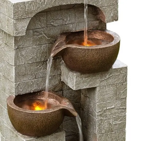 Teamson Home 28" Cascading Bowls with Solar LED Lights Outdoor Metal and Polyresin Birdbath Water Fountain image {5}