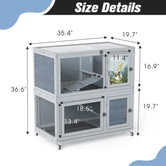 AZL1 Life Concept Pet Crates and Houses 2-Story Wooden Rabbit Hutch with Wheels Trays, Bunny Cage Home with Ramp, Gray, 35.43"*19.69&rdquo;*36.61" image {2}