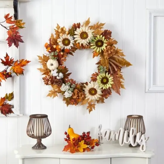 Nearly Natural 30&rdquo; Autumn Sunflower, White Pumpkin and Berries Artificial Fall Wreath image {2}