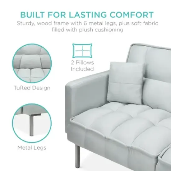 Best Choice Products Convertible Living Room Linen Fabric Tufted Split-Back Futon Sofa w/ 2 Pillows image {4}