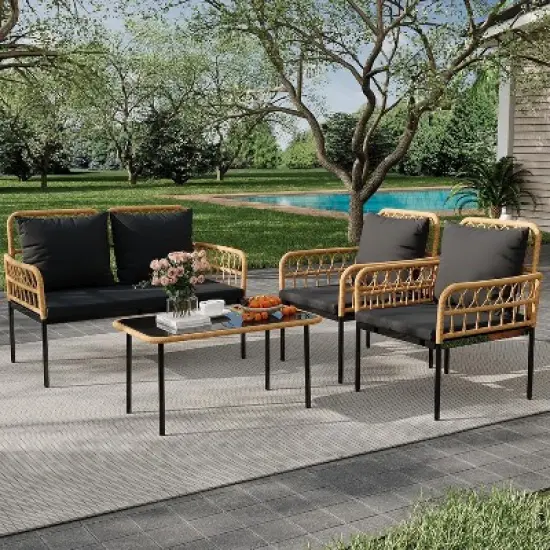 Acekool 4-Piece Outdoor Patio Set with Loveseat, Armchairs & Glass Coffee Table, Boho Rattan Conversation Set for Backyard, Porch, Balcony image {2}