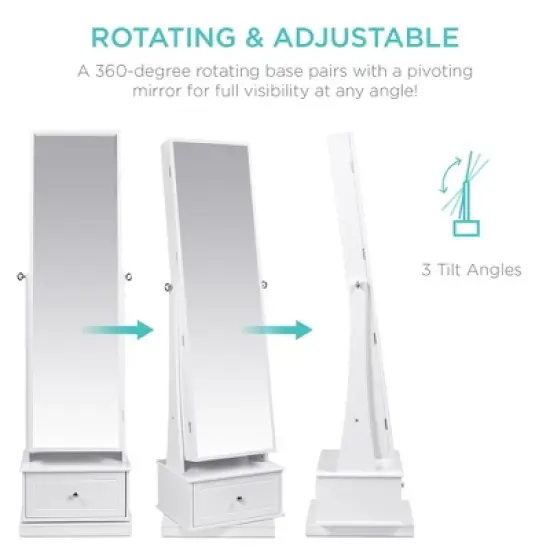 Best Choice Products 360 Swivel Standing Mirrored Jewelry Cabinet, LED-Lit Makeup Organizer w/ Mirror - White image {1}