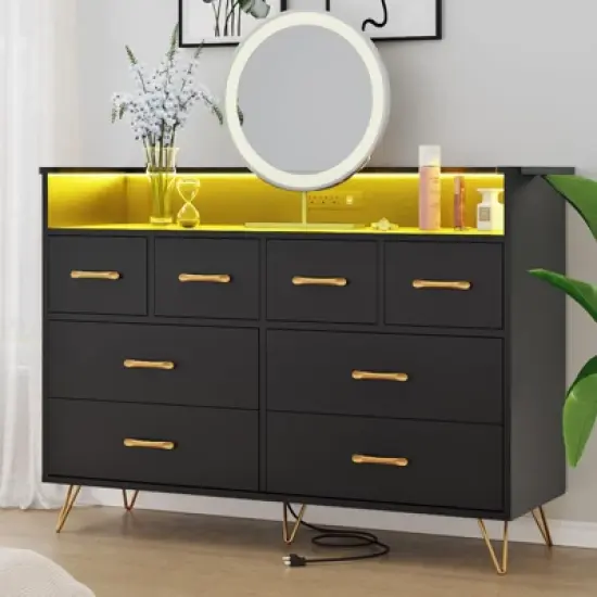 Dresser with Power Outlet and LED Lights, Wood 8 Drawer Dresser for Bedroom, Modern Chest of Drawers for Closet, Living Room image {3}