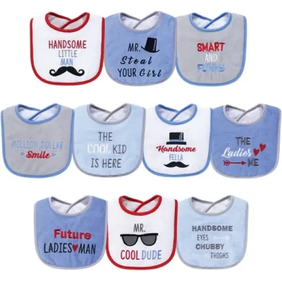 Hudson Baby Infant Boy Cotton Terry Drooler Bibs with Fiber Filling 10pk, Handsome Eyes, One Size image {1}