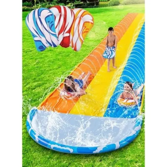 Joyfy 22.5ft Extra Large Triple Lane Water Slides, Summer Lawn Waterslides Toy with Build in Sprinkler for Kids Adults image {6}