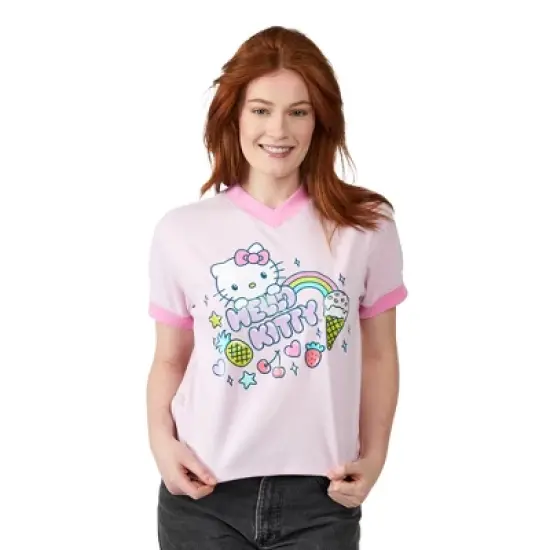 Hello Kitty Rainbow Hearts Stars & Sweet Treats V-Neck Short Sleeve Cradle Pink Women's T-shirt image {2}