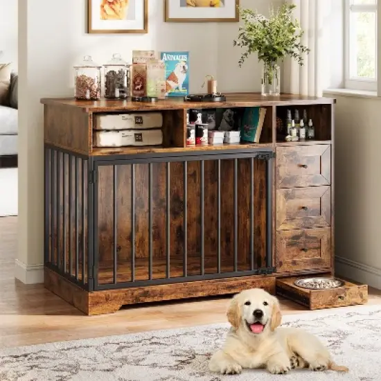 48'' Dog Crate Furniture, Farmhouse Dog Kennel Furniture with Dog Bowl & Storage Drawers image {9}