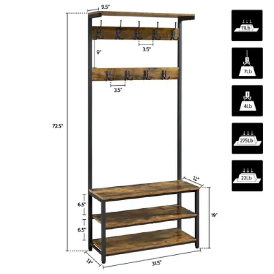 Yaheetech 72.5" H Industrial Hall Tree 3-in-1 Entryway Coat Rack with Top Board & Bench & Shoe Storage, Rustic Brown image {2}