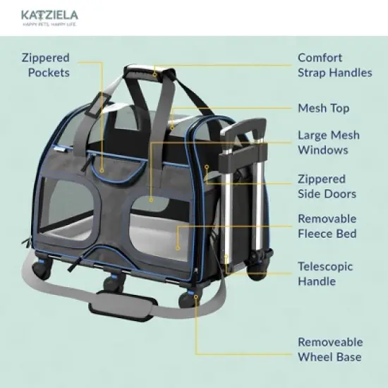 Katziela Airline Compliant Wheeled Pet Carrier With Removable Wheels and Telescopic Handle image {4}