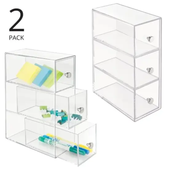 mDesign Plastic Stackable Desktop Storage for Office, 3 Drawers, 2 Pack - Clear image {1}