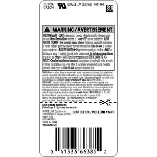 Duracell 2016 Batteries Lithium Coin Button - 2 Pack - Specialty Battery w/ Bitterant Technology: Single-Use, 3V image {8}