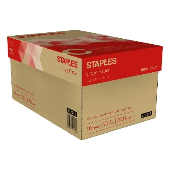 Staples 11" x 17" Copy Paper 20 lbs 92 Brightness 500/RM 5 RM/CT (512215) image {1}