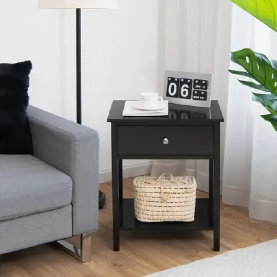 Costway Nightstand with Drawer Storage Shelf Wooden Bedside Sofa Side Table White\Brown image {2}