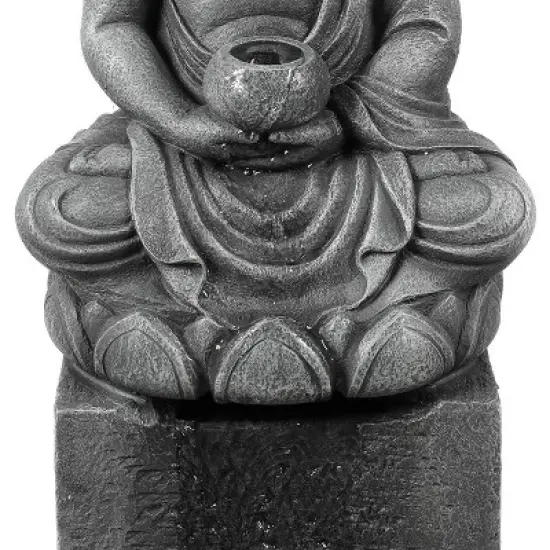 LuxenHome Gray Resin Meditating Buddha on Column Outdoor Fountain with LED Light image {5}