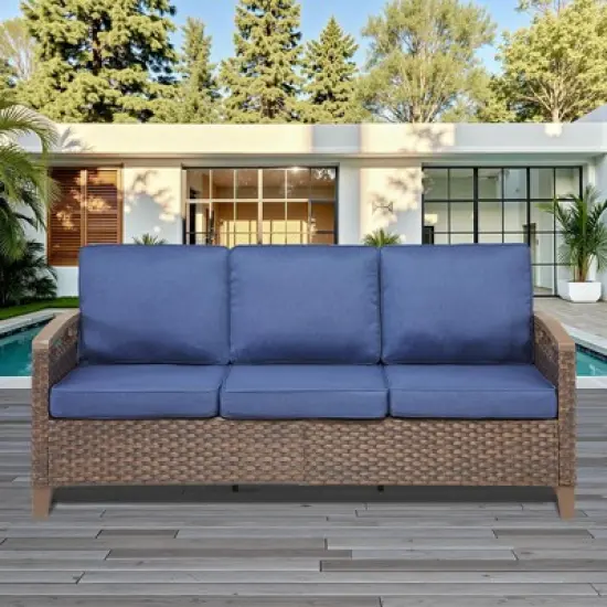 Buenhomino 74'' Patio Sofa, All Weather Outdoor Rattan Wicker 3-Seat Sofa High Back Couch with Premium Cushions for Garden Backyard Porch,Brown/Blue image {6}
