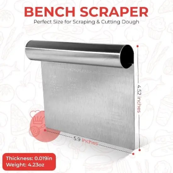 Bench Scraper 2-Pack by RamPro &ndash; Stainless Steel Dough Cutter with Engraved Measuring Guide & Equivalent Chart, Kitchen Scraper for Baking & Chopping image {1}
