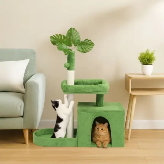 Karl Home 36 inch  Green Cat Tree with Leaves Multi-level Cat Tower with Scratching Post Condo image {2}
