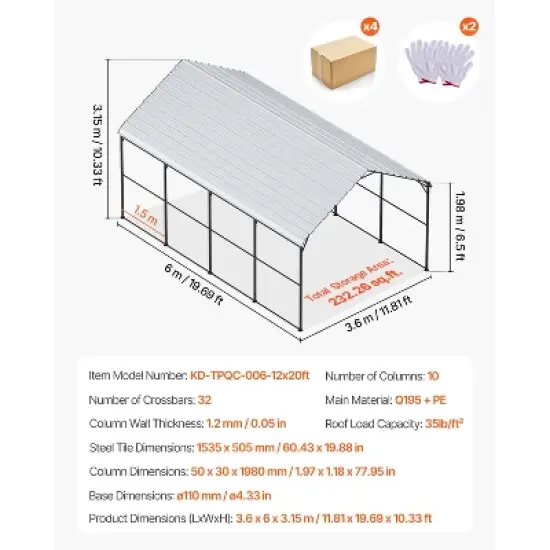 VEVOR Heavy Duty Metal Carport, 12' x 20' Outdoor Carport with Galvanized Steel Frame & Roof, Car Tent Garage Shade with Removable Sidewalls image {7}