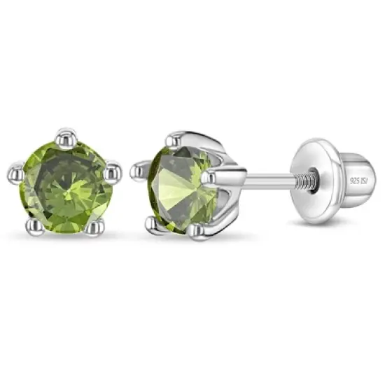 Girl's Classic CZ Birthstone Solitaire Screw Back Sterling Silver Earrings - In Season Jewelry image {14}