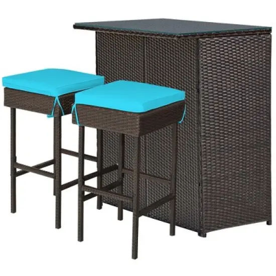 Costway 3PCS Patio Rattan Wicker Bar Table Stools Dining Set Cushioned Chairs Turquoise image {7}