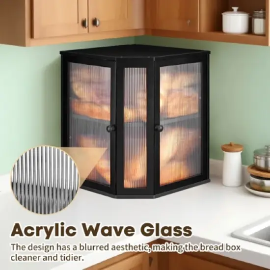 Unique Bargains Bamboo Acrylic Wavy Double Door Panel Large Corner Bread Container Black image {4}