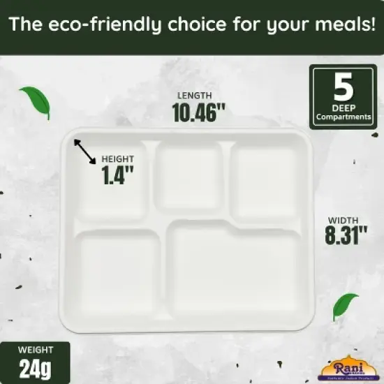 5 Compartment Square Biodegradable Divided Plates - Pack of 125 - Rani Brand Authentic Indian Products image {1}