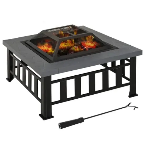 Outsunny 34" Outdoor Fire Pit Square Steel Wood Burning Firepit Bowl with Spark Screen, Waterproof Cover, Log Grate, Poker for BBQ, Bonfire image {3}