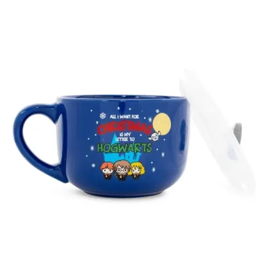 Silver Buffalo Harry Potter Holiday Golden Trio Soup Mug With Vented Lid | Holds 24 Ounces image {1}