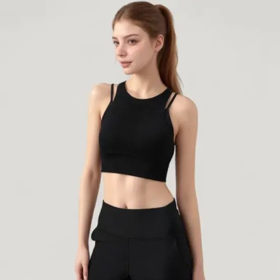Anna-Kaci Active Women's Ribbed High Neck Crop Top with Double Strap Detail image {1}