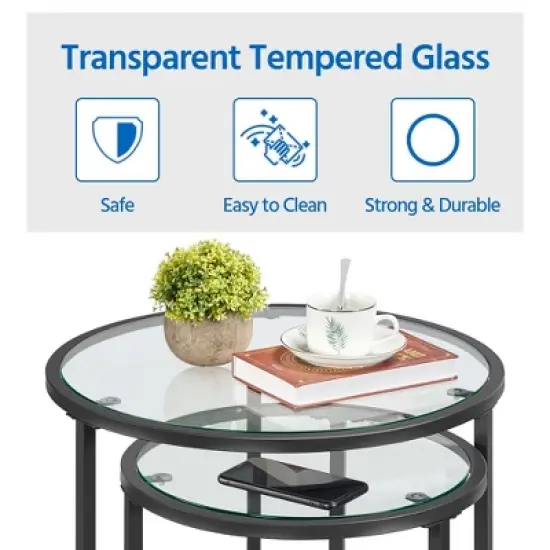Yaheetech Round Nesting End Table Set with Metal Frame and Glass Top for Living Room image {5}