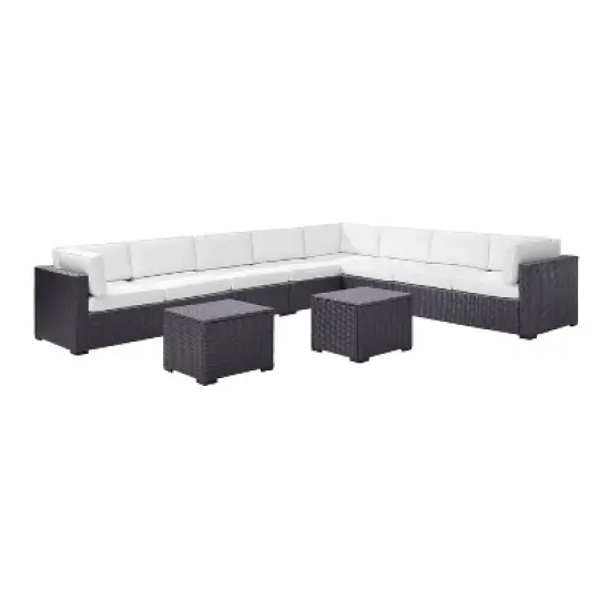 Biscayne 7pc Outdoor Wicker Sectional Set with 2 Coffee Tables & 3 Corner Seats  White - Crosley image {2}