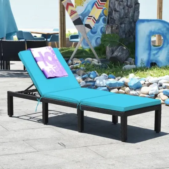 Tangkula 2PCS Adjustable Rattan Patio Chaise Lounge Chair Couch w/ Turquoise Cushion image {3}