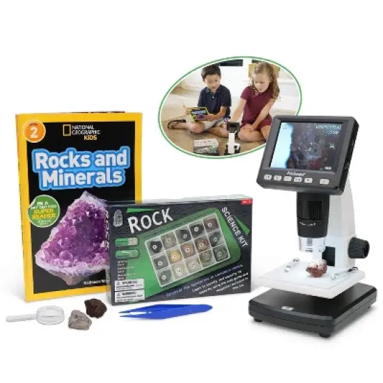 Deluxe Kids' Rock and Mineral Collecting Kit with Color Digital LCD Microscope, Book and Mineral Kit - AmScope image {1}