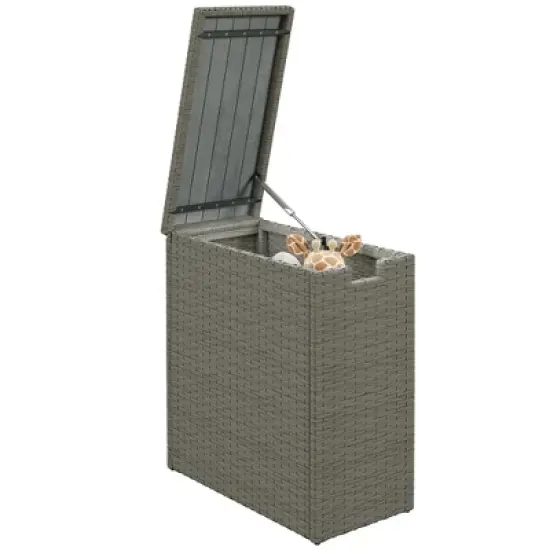 Outsunny 17-Gallon Small Deck Box, UV Resistant Wicker Outdoor Storage Box with Slatted Acacia Wood Top for Patio Cushions and Garden Tools, Gray image {6}