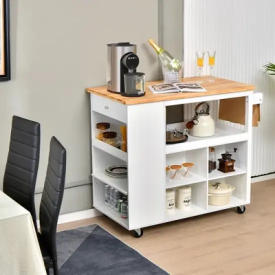 Costway Kitchen Island Trolley Cart on Wheels with Storage Open Shelves & Drawer White/Brown image {3}