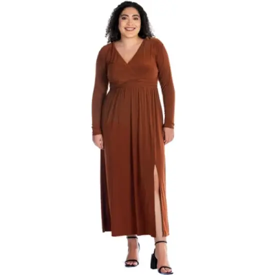 Womens Plus Size Long Sleeve V Neck Side Slit Maxi Dress image {7}