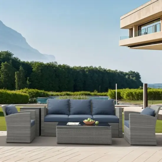 ELJGET Patio Furniture Set, 5 PCS Wicker Outdoor Conversation Set with 2 Coffee Tables for Backyard, Poolside, Garden image {1}